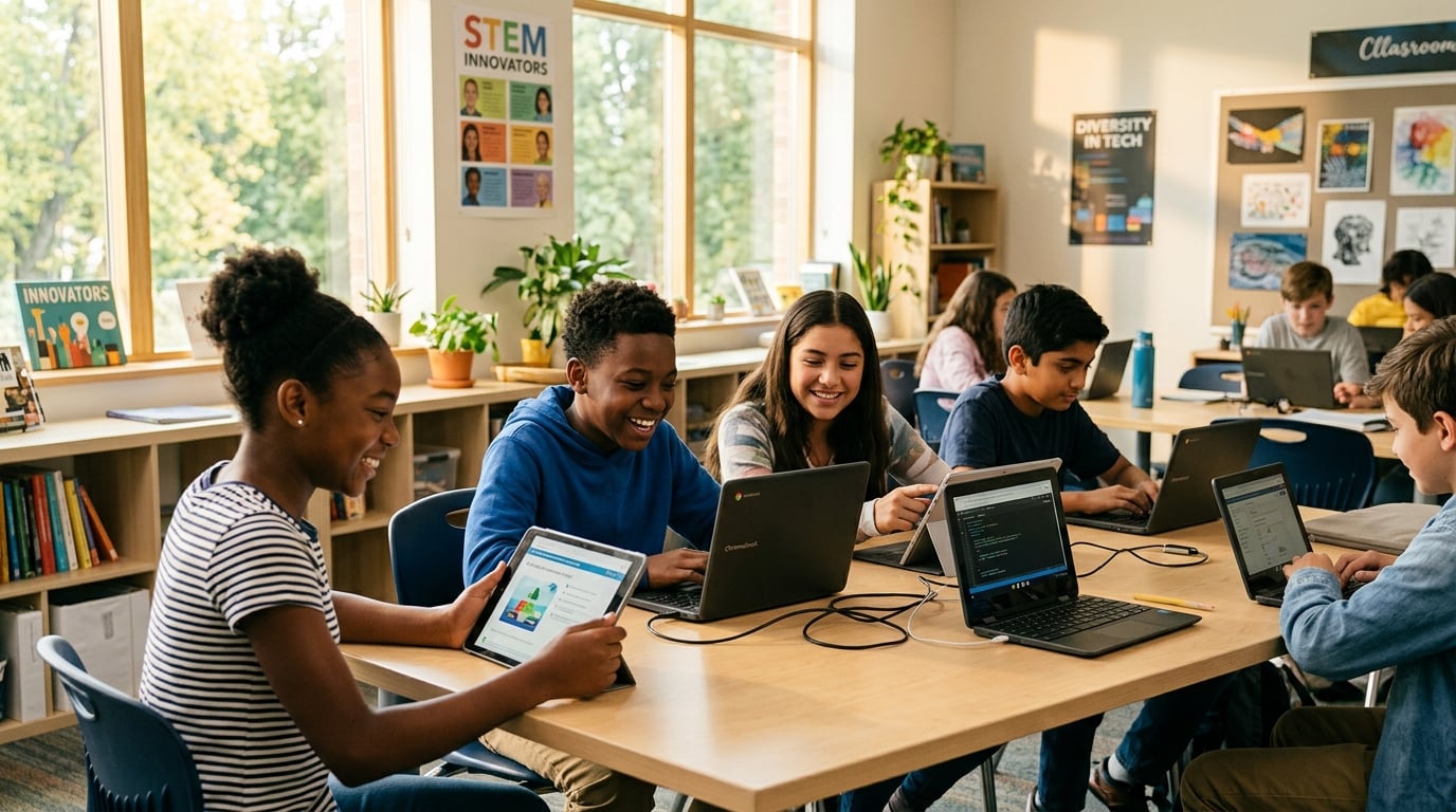 African American and diverse students collaborating with tablets and laptops in a modern classroom