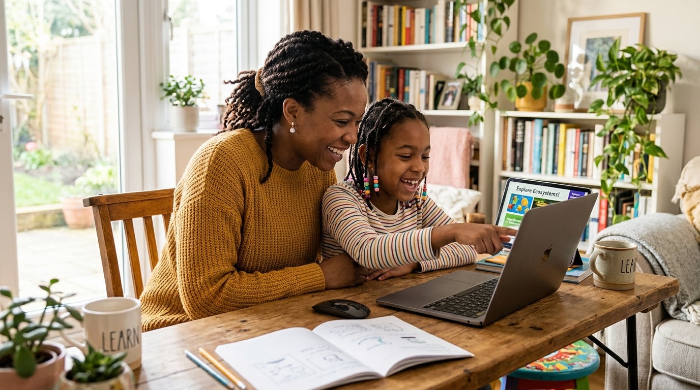 African American parent and child learning together at home with educational technology