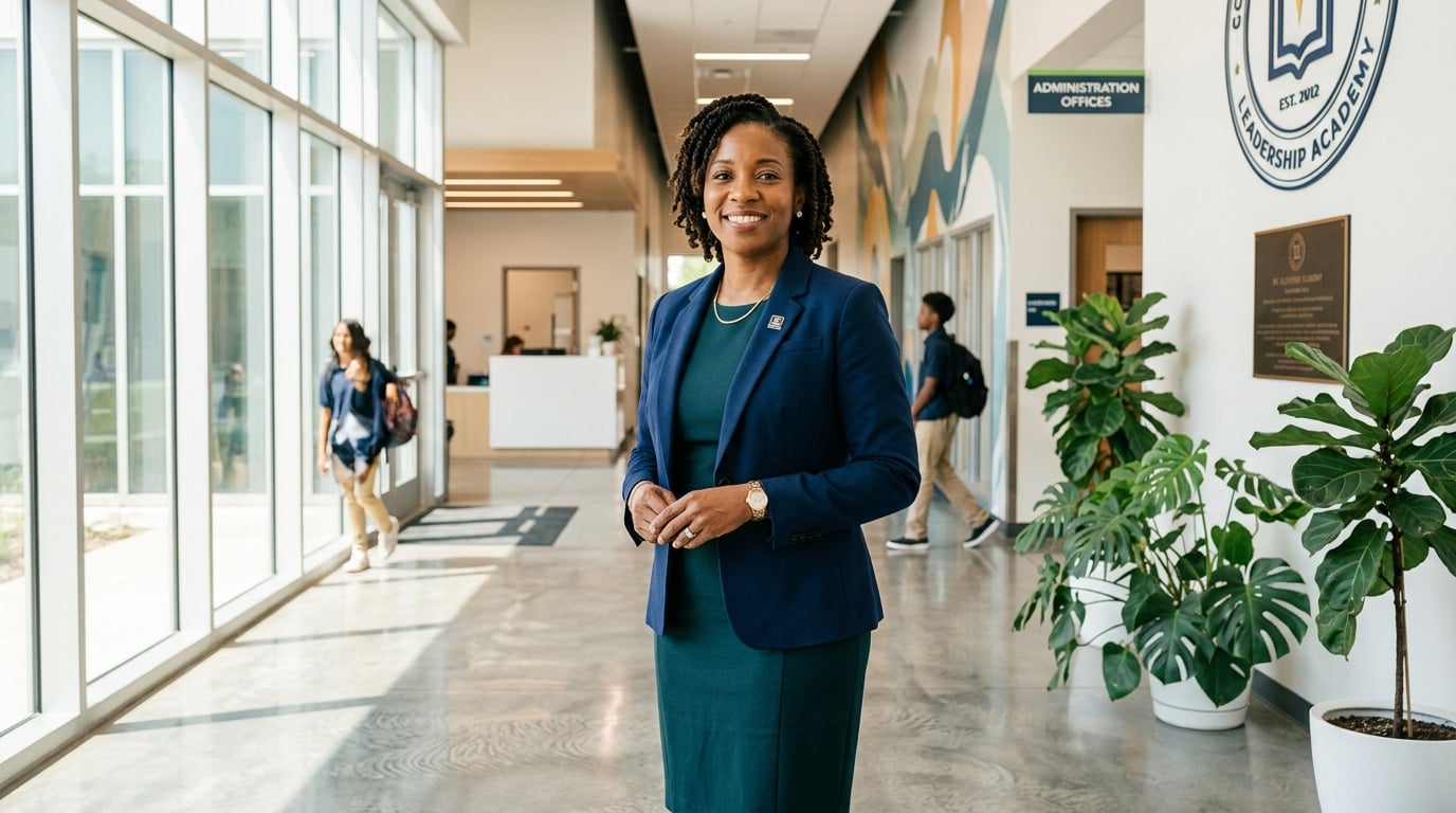 African American school administrator in a modern, bright school setting