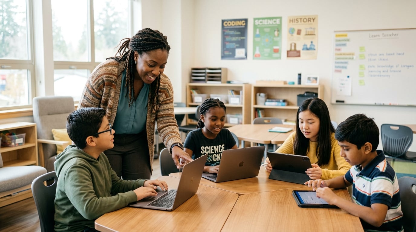 African American teacher helping diverse students with educational technology in a bright classroom